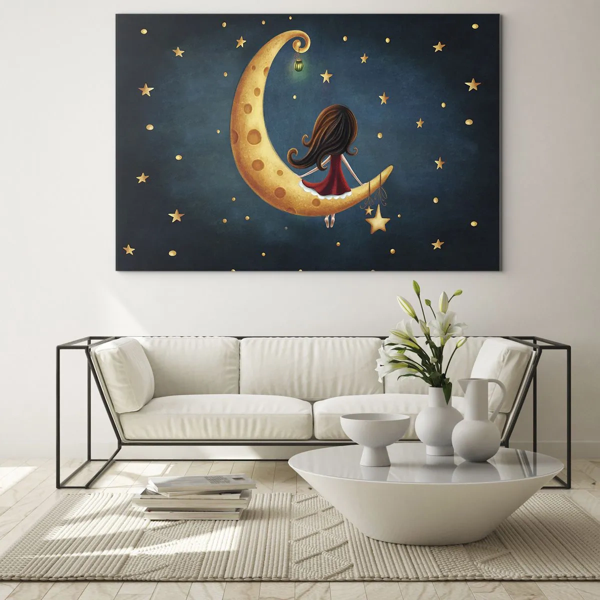Quadro su vetro - Una ragazza sulla luna tra le stelle su uno sfondo blu navy - 100x70cm - Una volta... - Decorazione murale moderna per soggiorno e camera da letto ARTTOR