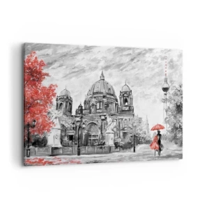 Quadro su tela - Stampe su Tela - Scena in bianco e nero con Berlino, un ombrello rosso e un albero - 100x70cm - Incontro a Berlino - Decorazione murale moderna per soggiorno e camera da letto ARTTOR