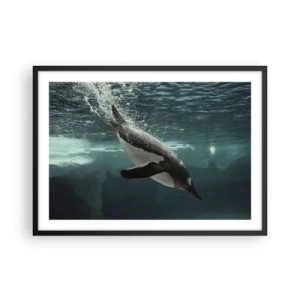 Poster in cornice nera - Un pinguino che si tuffa nelle profondità dell'acqua ghiacciata - 70x50cm - Benvenuto nel mio mondo - Decorazione murale moderna per soggiorno e camera da letto ARTTOR