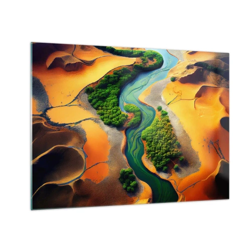 Quadro su vetro - Oasi verdi e un fiume tra dune arancioni - 70x50cm - Il fiume della vita - Decorazione murale moderna per soggiorno e camera da letto ARTTOR