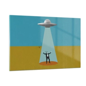 Quadro su vetro - Un uomo alla luce di un disco spaziale su uno sfondo colorato - 120x80cm - Incontro ravvicinato - Decorazione murale moderna per soggiorno e camera da letto ARTTOR