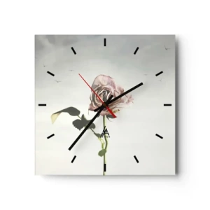Orologio da parete - Orologio in Vetro - Una rosa delicata contro un cielo luminoso con uccelli che volano - 30x30cm - Il benvenuto alla primavera - Decorazione murale moderna per soggiorno e camera da letto ARTTOR