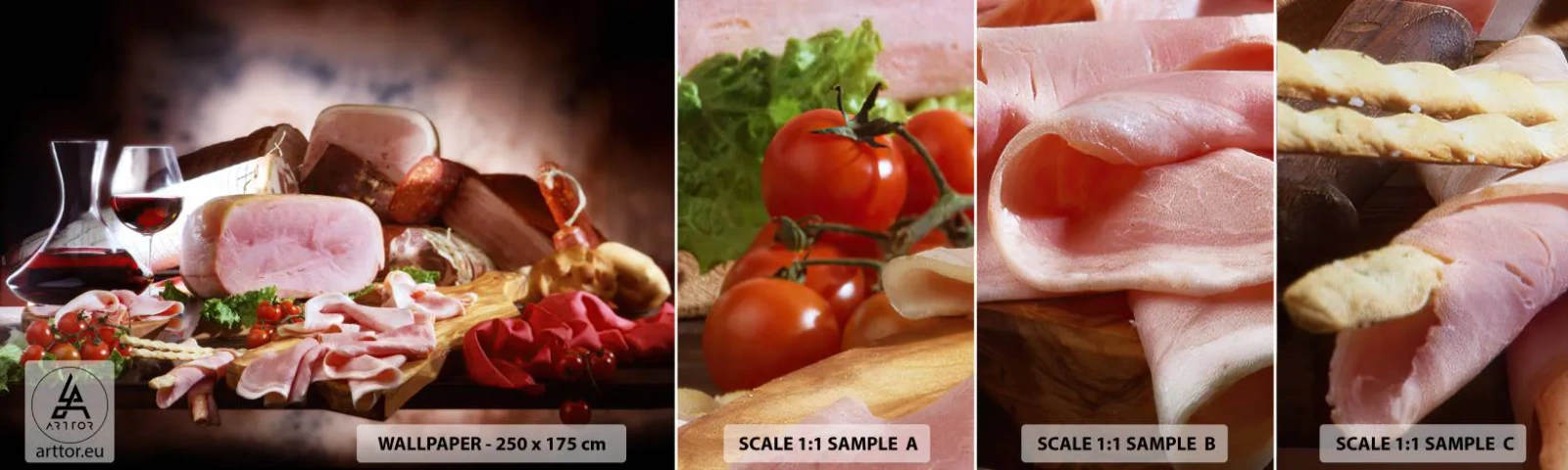 Campione Di Fotomurale Standard Eco - Sogno culinario con caraffa - Gastronomia, Carni, Pomodori - 100x30 cm