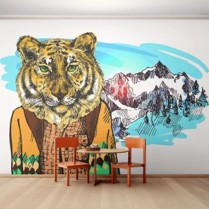 Fotomurali Standard Eco - Una tigre in stile invernale contro un paesaggio montano - 100x70cm - Non così selvaggia come la si dipinge - Decorazione murale moderna per soggiorno e camera da letto ARTTOR
