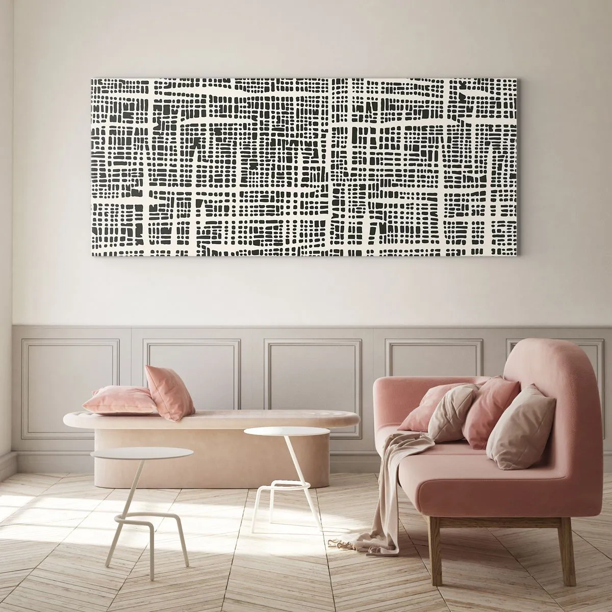 Quadro su vetro - Un motivo geometrico che ricorda una griglia su uno sfondo chiaro - 140x50cm - Composizione tessuta - Decorazione murale moderna per soggiorno e camera da letto ARTTOR