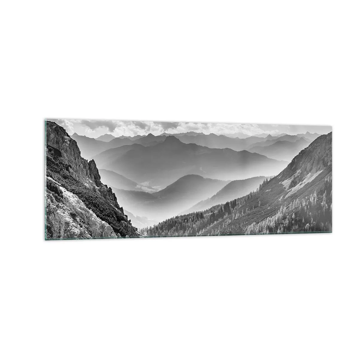 Quadro su vetro - Paesaggio montano in bianco e nero con nuvole sulle cime - 140x50cm - Fino all'orizzonte - Decorazione murale moderna per soggiorno e camera da letto ARTTOR