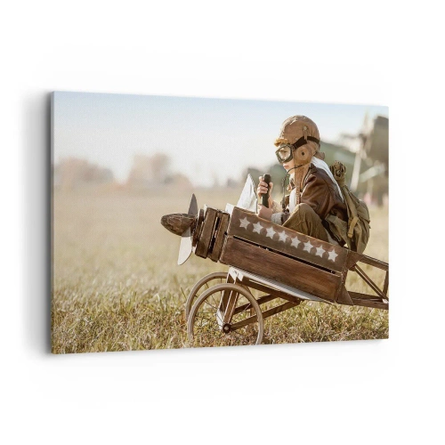 Quadro su tela - Stampe su Tela - Un bambino su un aeroplanino giocattolo con un campo sullo sfondo - 120x80cm - Decollo verso i sogni - Decorazione murale moderna per soggiorno e camera da letto ARTTOR