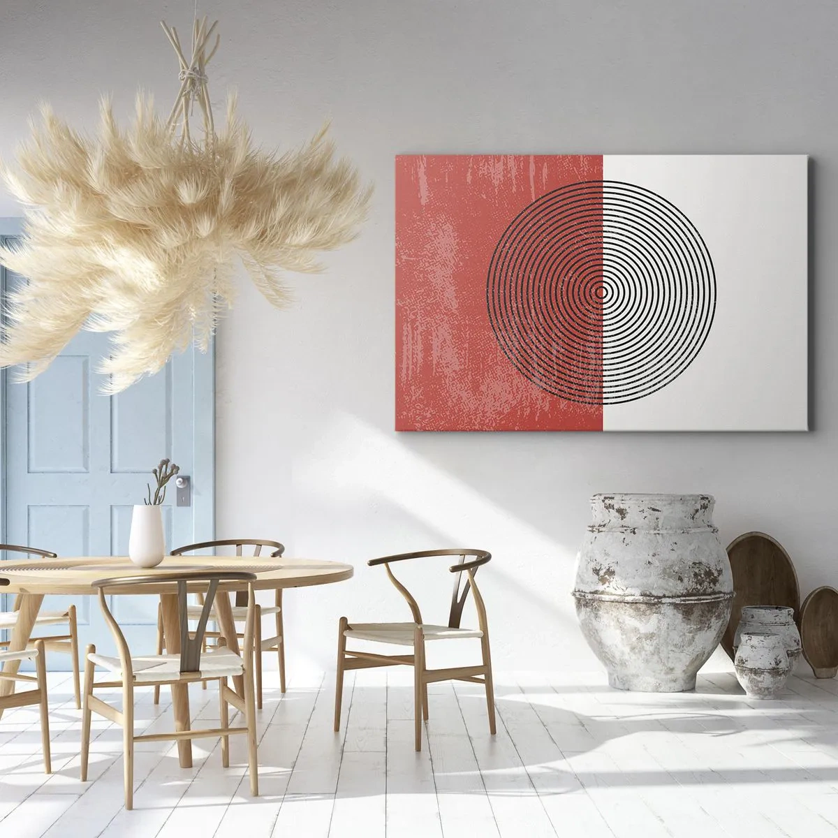 Quadro su tela - Stampe su Tela - Motivo geometrico con cerchi concentrici su sfondo rosso e bianco - 120x80cm - Dritto al centro - Decorazione murale moderna per soggiorno e camera da letto ARTTOR