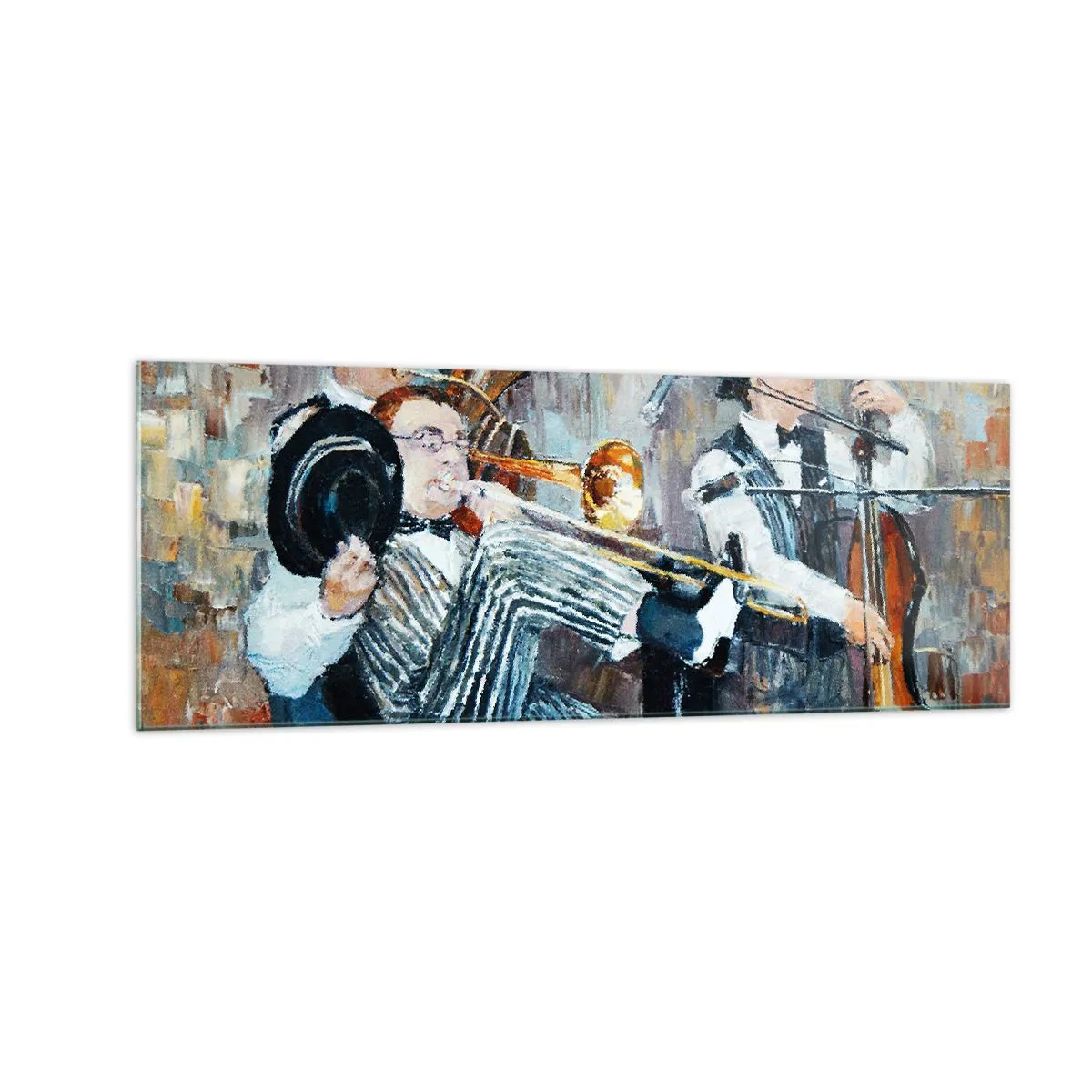 Quadro su vetro - Musicisti jazz in stile pittorico durante un concerto - 140x50cm - Tutto il jazz - Decorazione murale moderna per soggiorno e camera da letto ARTTOR