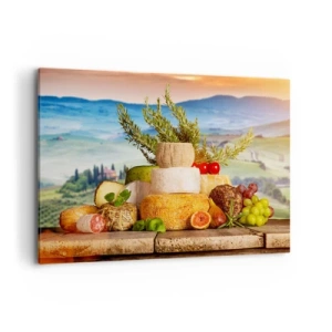 Quadro su tela - Stampe su Tela - Una composizione di formaggi e frutta sullo sfondo del paesaggio toscano - 120x80cm - La gioia italiana della vita - Decorazione murale moderna per soggiorno e camera da letto ARTTOR