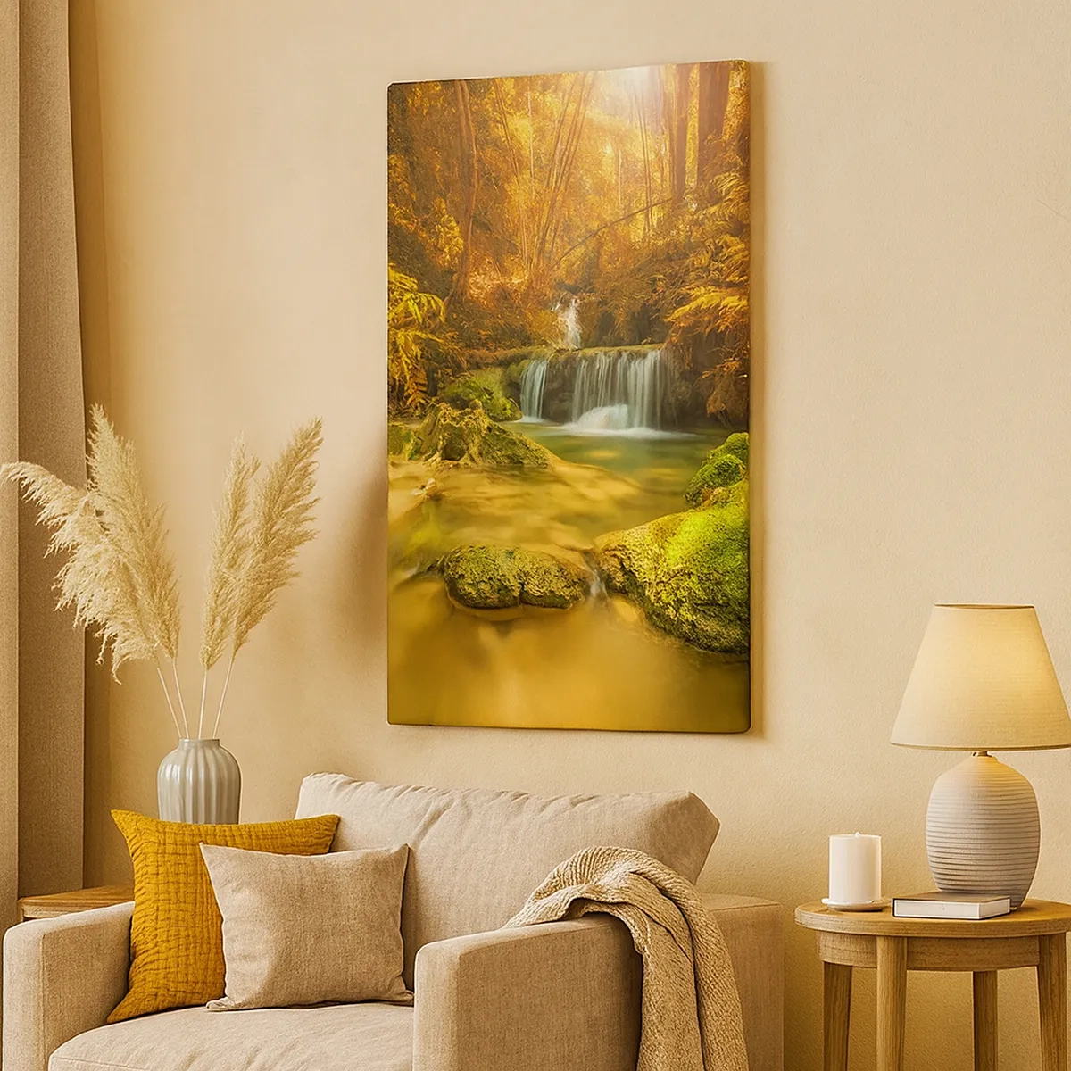 Quadro su tela - Stampe su Tela - Una cascata dorata in una foresta autunnale circondata dal verde - 50x70cm - Cascata boschiva in oro - Decorazione murale moderna per soggiorno e camera da letto ARTTOR