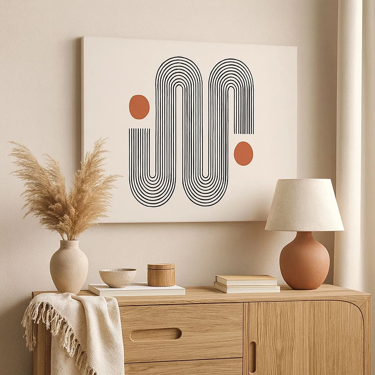 Quadro su tela - Stampe su Tela - Motivo geometrico con linee e cerchi arancioni - 70x50cm - Dall'inizio alla fine - Decorazione murale moderna per soggiorno e camera da letto ARTTOR