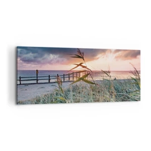 Quadro su tela - Stampe su Tela - Spiaggia al tramonto con erba in primo piano - 120x50cm - Non andrà via col vento - Decorazione murale moderna per soggiorno e camera da letto ARTTOR