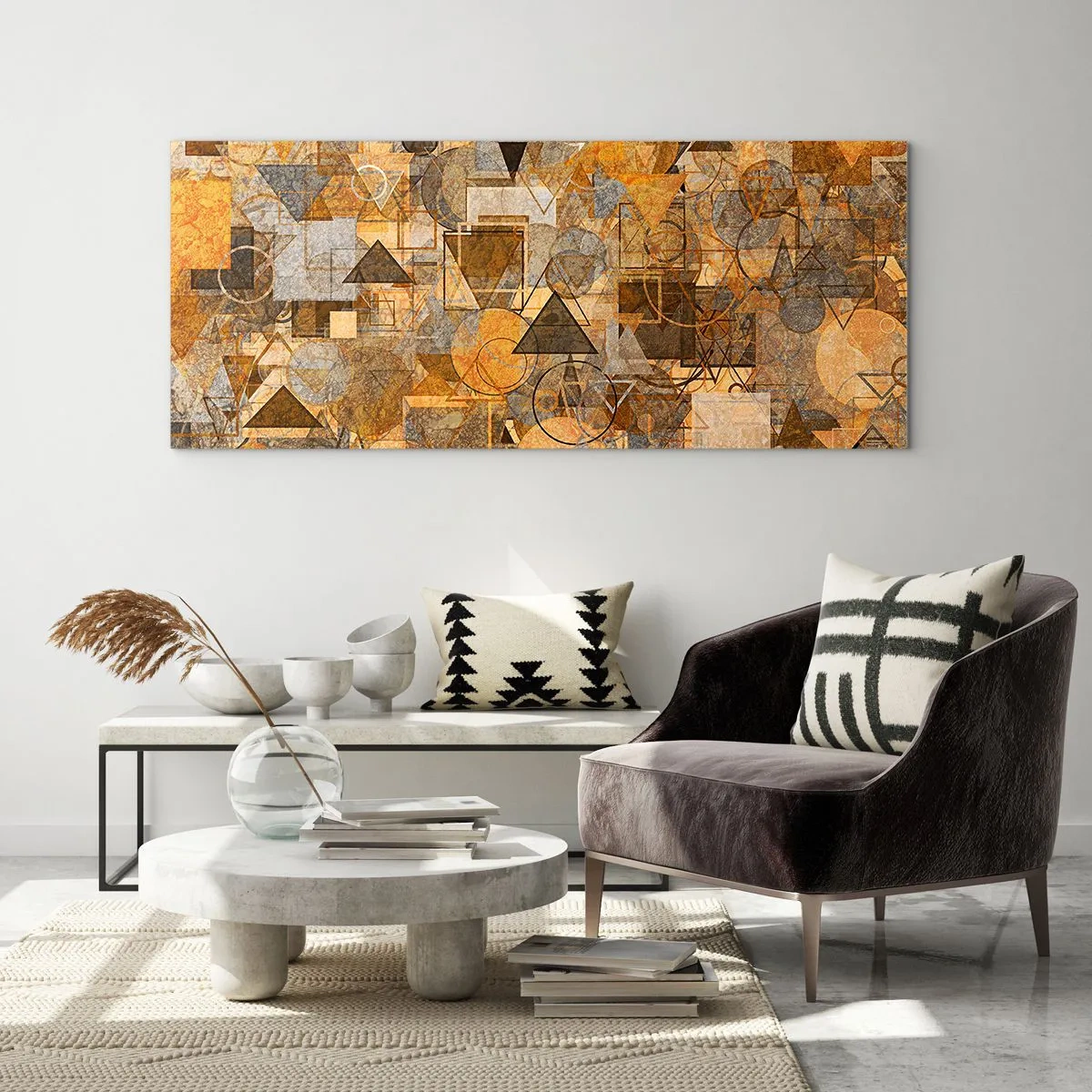 Quadro su vetro - Motivi geometrici astratti nelle tonalità dell'oro - 120x50cm - Il mondo compreso nella forma - Decorazione murale moderna per soggiorno e camera da letto ARTTOR