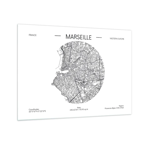 Quadro su vetro - Mappa in bianco e nero della città di Marsiglia in stile moderno - 70x50cm - Anatomia di Marsiglia - Decorazione murale moderna per soggiorno e camera da letto ARTTOR