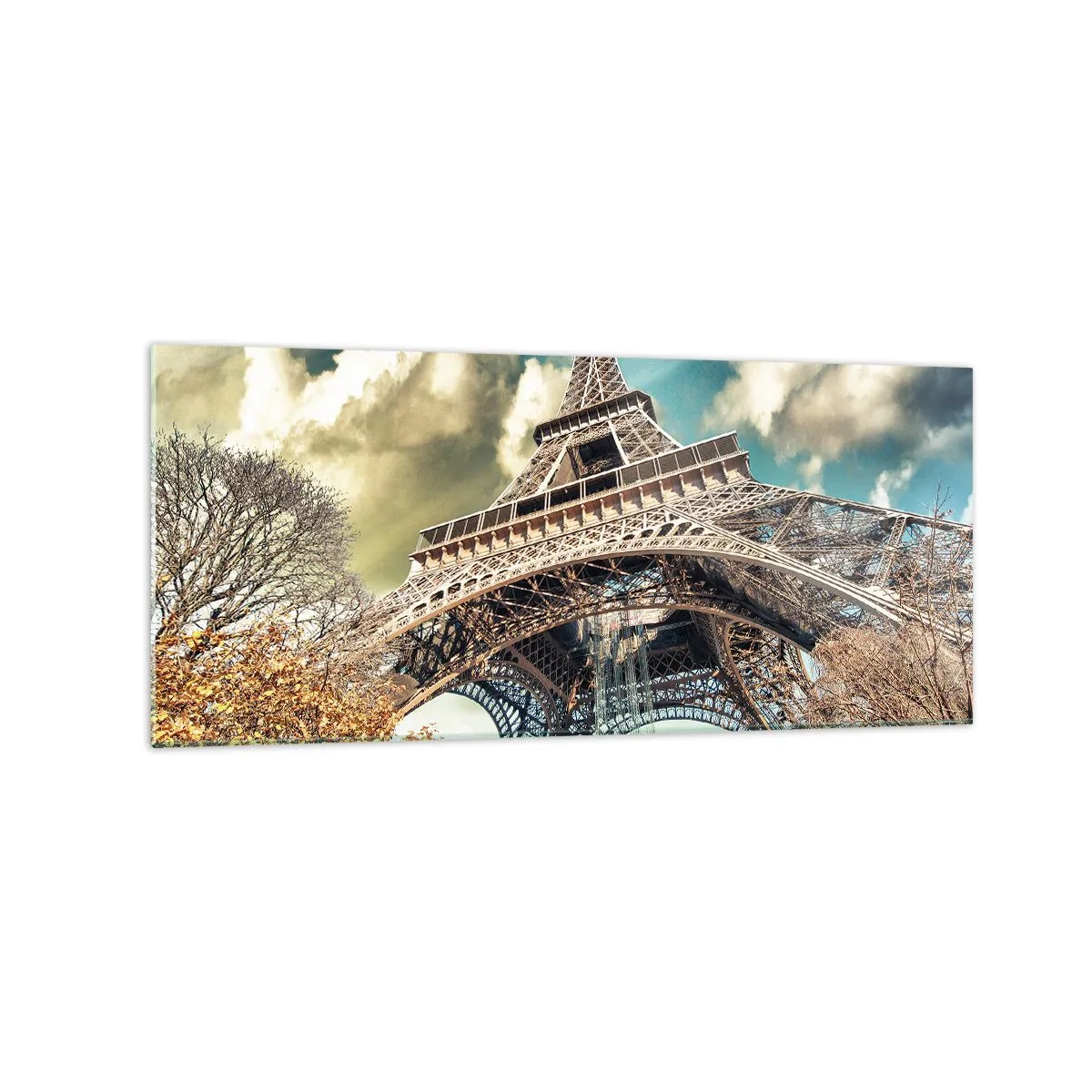 Quadro su vetro - La Torre Eiffel dal basso in un ambiente autunnale - 120x50cm - L'autunno a Parigi... - Decorazione murale moderna per soggiorno e camera da letto ARTTOR