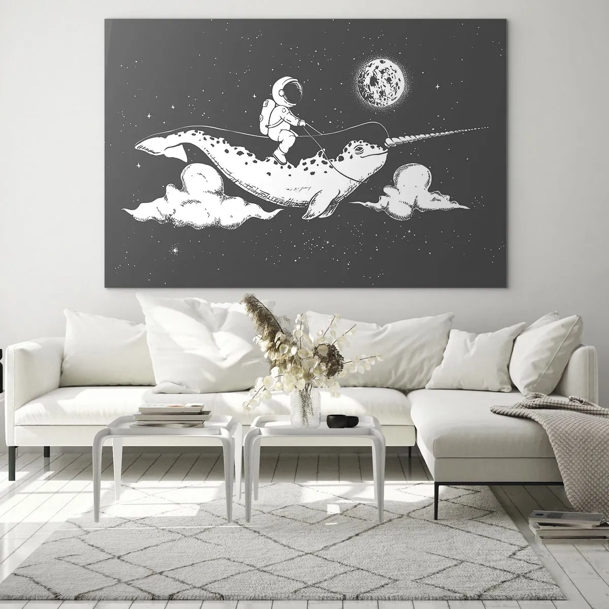 Quadro su vetro - Astronauta che cavalca un narvalo in un ambiente spaziale - 70x50cm - Il cavaliere dello spazio - Decorazione murale moderna per soggiorno e camera da letto ARTTOR