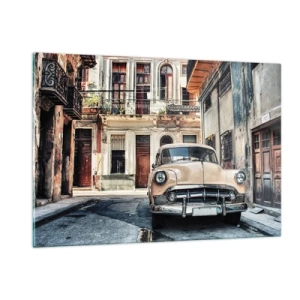 Quadro su vetro - Auto retrò sulla strada del centro storico - 120x80cm - Siesta all'Avana - Decorazione murale moderna per soggiorno e camera da letto ARTTOR