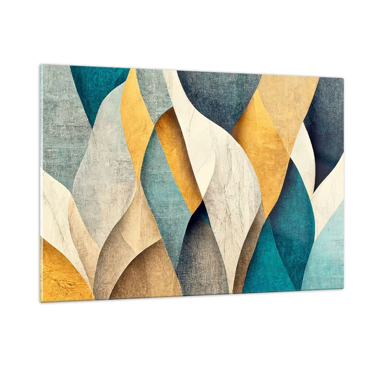 Quadro su vetro - Forme astratte nelle tonalità del giallo e del blu - 120x80cm - Ritmo e ondulazioni - Decorazione murale moderna per soggiorno e camera da letto ARTTOR