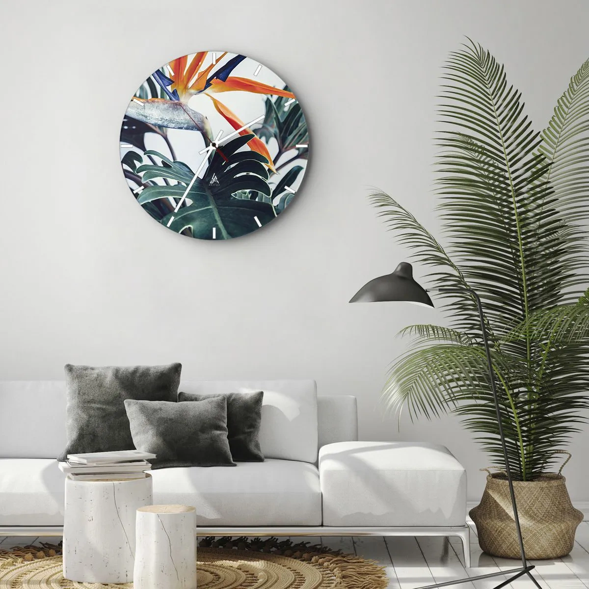 Orologio da parete - Orologio in Vetro - Foglie tropicali e un fiore di strelitzia su uno sfondo chiaro - 30x30cm - Pianta uccello - Decorazione murale moderna per soggiorno, cucina e camera da letto ARTTOR