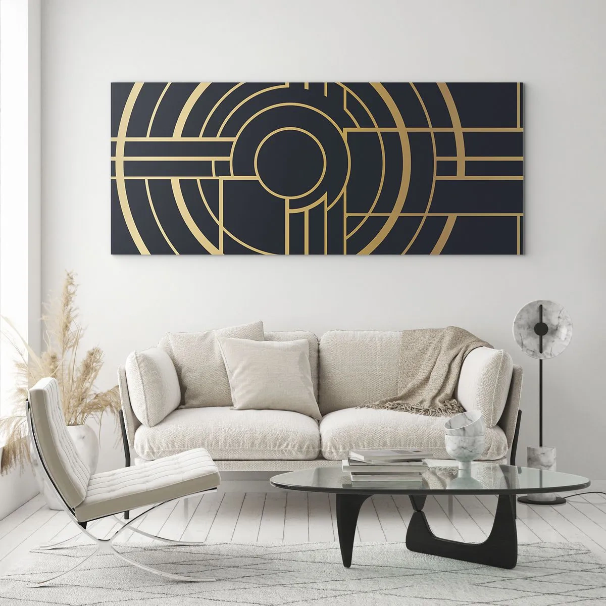 Quadro su vetro - Motivo geometrico con linee dorate - 120x50cm - Il giro delle cose - Decorazione murale moderna per soggiorno e camera da letto ARTTOR