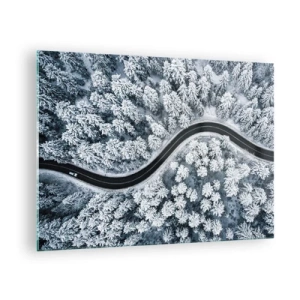 Quadro su vetro - Una strada tortuosa attraverso una foresta invernale vista da un drone - 70x50cm - Attraverso il bosco invernale - Decorazione murale moderna per soggiorno e camera da letto ARTTOR