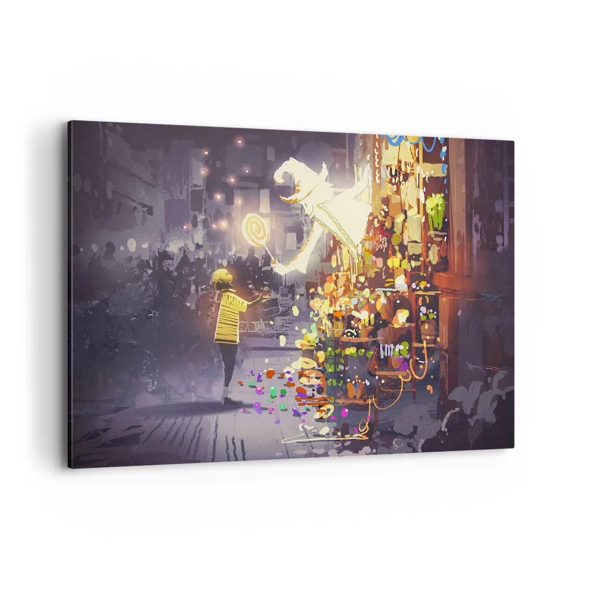 Quadro su tela - Stampe su Tela - Un personaggio delle fiabe e un bambino in una strada piena di luci e magia - 120x80cm - La magia esiste - Decorazione murale moderna per soggiorno e camera da letto ARTTOR