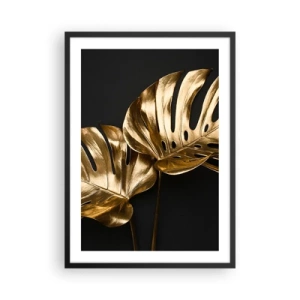 Poster in cornice nera - Foglie di monstera dorate su sfondo nero, un elegante contrasto di colori - 50x70cm - I tesori della natura - Decorazione murale moderna per soggiorno e camera da letto ARTTOR