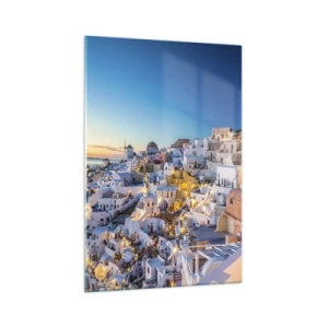 Quadro su vetro - Vista di una città greca al tramonto - 70x100cm - Essenza della grecità - Decorazione murale moderna per soggiorno e camera da letto ARTTOR