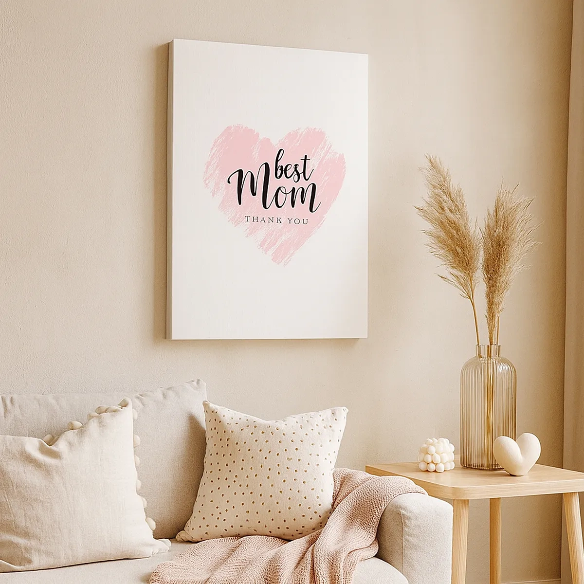 Quadro su tela - Stampe su Tela - Cuore rosa con la scritta "Grazie mamma" su sfondo bianco - 50x70cm - È sempre il momento giusto - Decorazione murale moderna per soggiorno e camera da letto ARTTOR