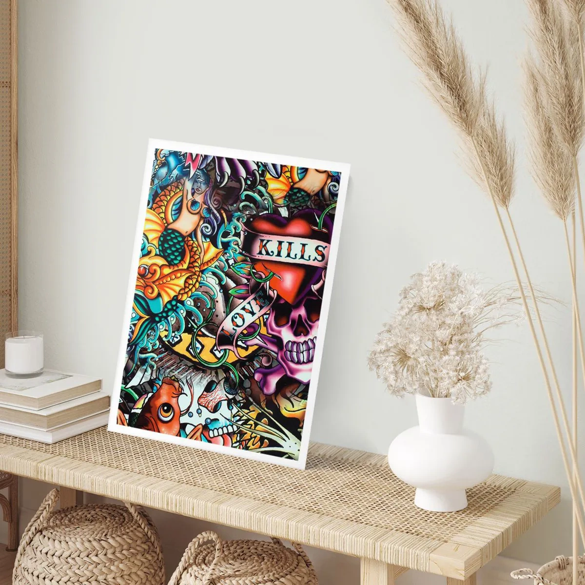 Poster - Tatuaggio astratto con teschio, cuore e scritta - 50x70cm - Il sogno del tatuatore - Decorazione murale moderna per soggiorno e camera da letto ARTTOR