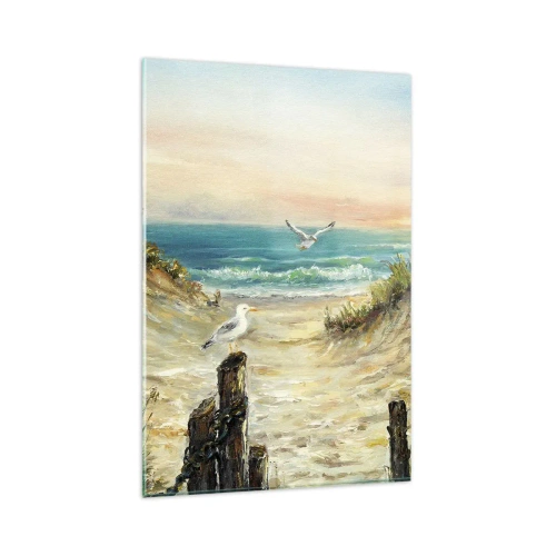 Quadro su vetro - Costa con gabbiani e dune al tramonto - 80x120cm - Silenzio senza vento - Decorazione murale moderna per soggiorno e camera da letto ARTTOR