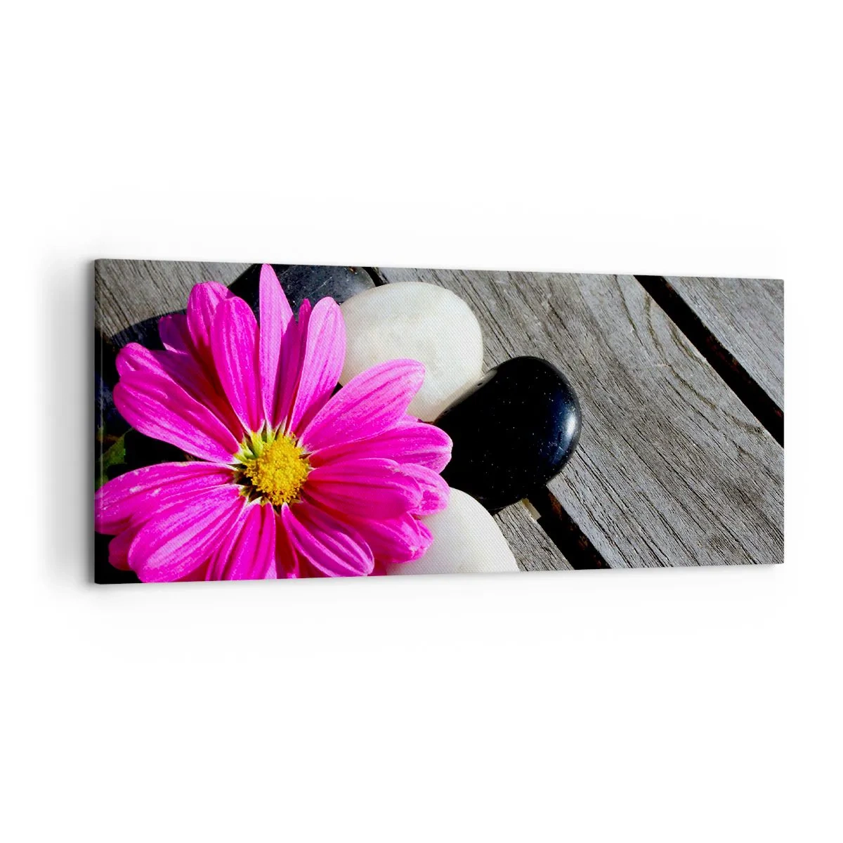 Quadro su tela - Stampe su Tela - Fiore rosa su uno sfondo di assi di legno con pietre - 120x50cm - Riposo sul molo - Decorazione murale moderna per soggiorno e camera da letto ARTTOR