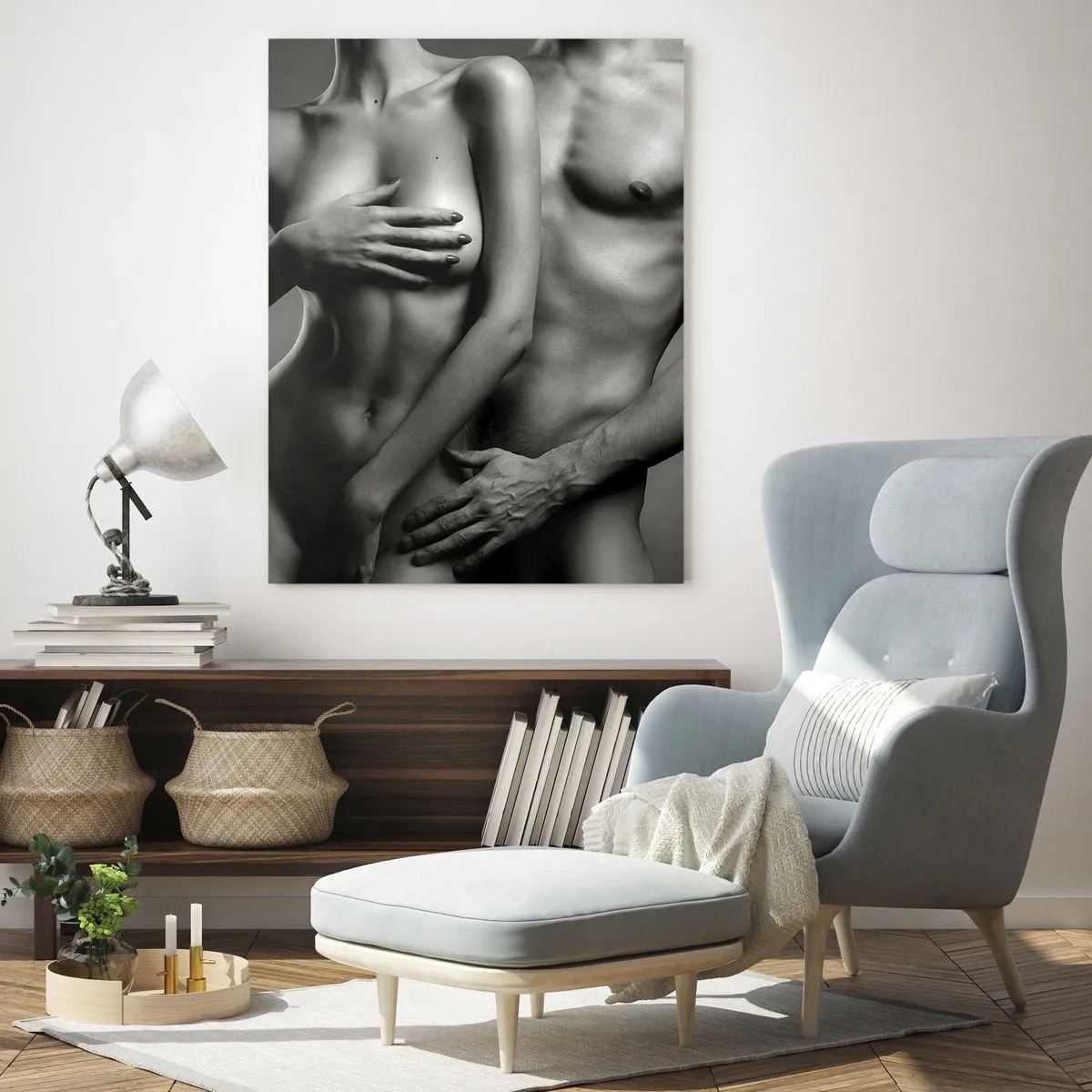 Quadro su vetro - Composizione in bianco e nero con sagome nude di una coppia - 50x70cm - Adamo ed Eva - Decorazione murale moderna per soggiorno e camera da letto ARTTOR