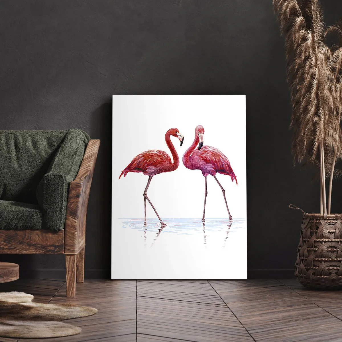 Quadro su tela - Stampe su Tela - Una coppia di fenicotteri nell'acqua su uno sfondo chiaro - 80x120cm - Appuntamento in rosa - Decorazione murale moderna per soggiorno e camera da letto ARTTOR