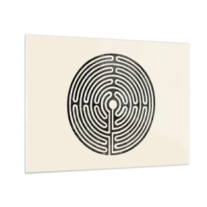 Quadro su vetro - Un labirinto bianco e nero di forma circolare su uno sfondo chiaro. - 70x50cm - Ordine misterioso - Decorazione murale moderna per soggiorno e camera da letto ARTTOR