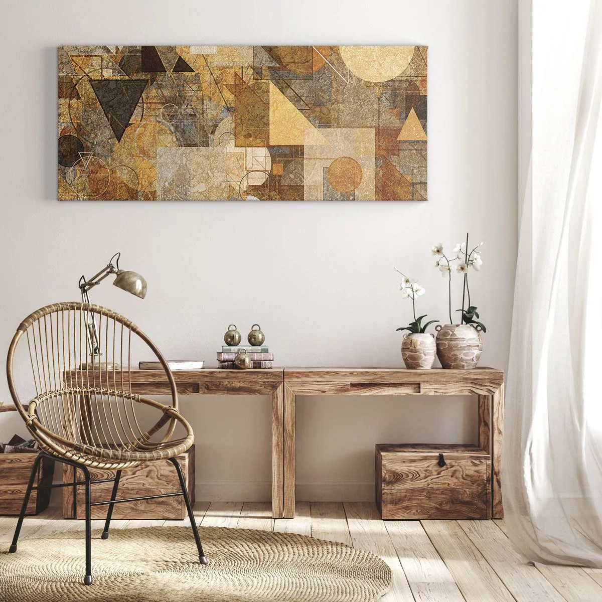 Quadro su tela - Stampe su Tela - Figure geometriche astratte in tonalità calde - 140x50cm - Studio cubista in marrone - Decorazione murale moderna per soggiorno e camera da letto ARTTOR