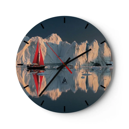 Orologio da parete - Orologio in Vetro - Una barca a vela con vele rosse sullo sfondo di iceberg - 30x30cm - Ai confini del mondo - Decorazione murale moderna per soggiorno, cucina e camera da letto ARTTOR