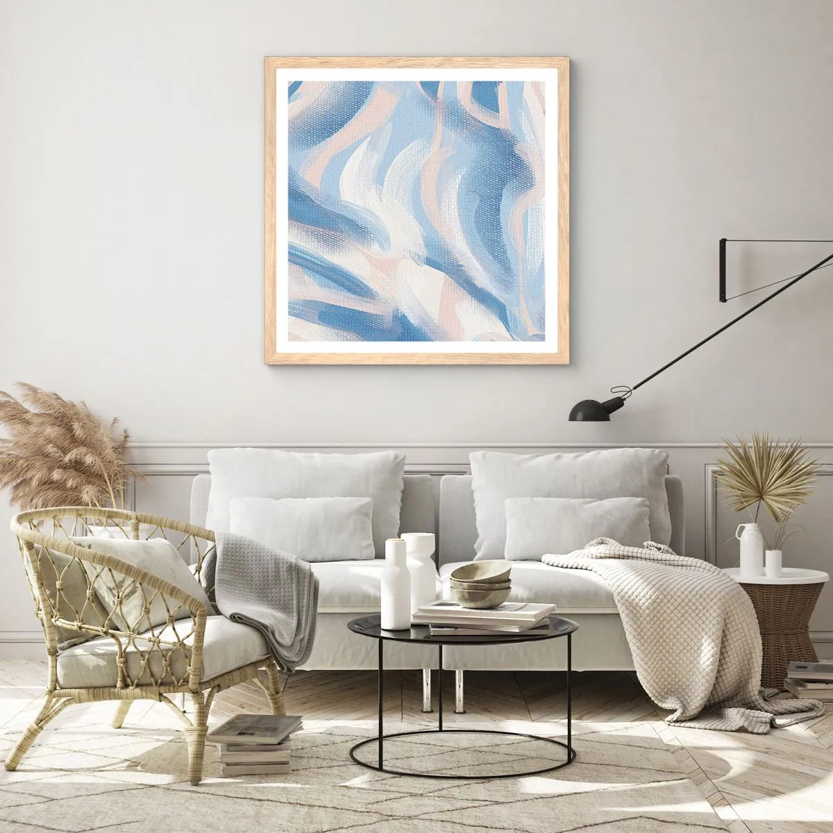 Poster in cornice rovere chiaro - Ondulazioni azzurre - 40x40 cm