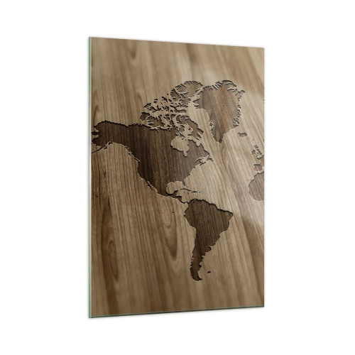 Quadro su vetro - Una mappa del mondo incisa su una superficie di legno - 50x70cm - Il mondo servito a tavola - Decorazione murale moderna per soggiorno e camera da letto ARTTOR