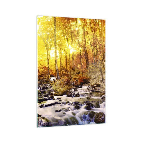 Quadro su vetro - Foresta autunnale con ruscello tra foglie dorate - 70x100cm - Pietre incorniciate in oro e platino - Decorazione murale moderna per soggiorno e camera da letto ARTTOR