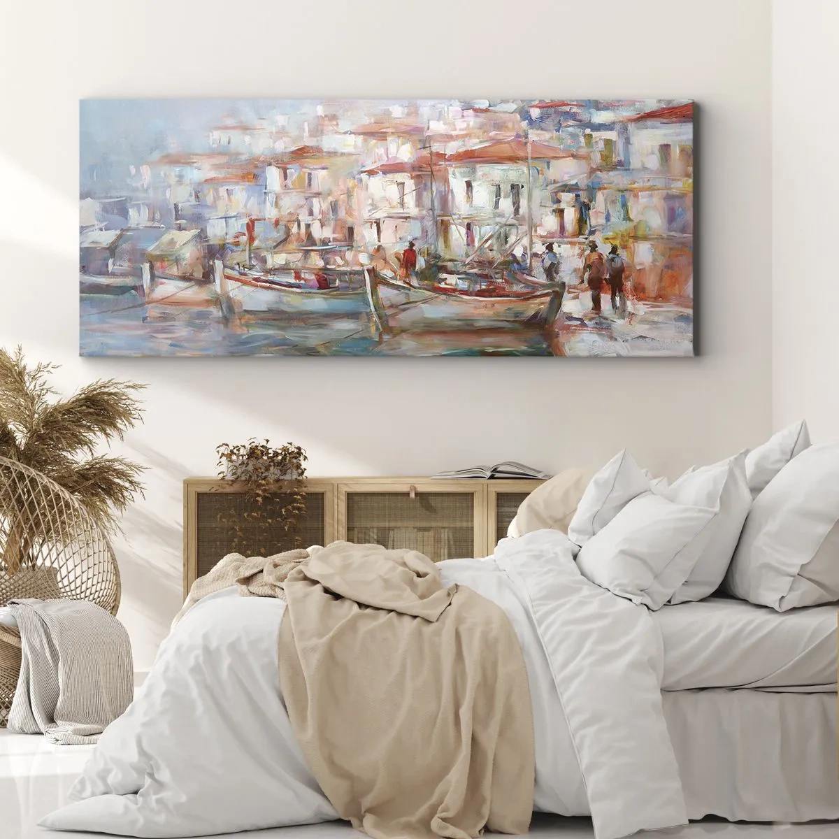 Quadro su tela - Stampe su Tela - Impressione del porto con barche ed edifici - 140x50cm - Vacanze in pastello - Decorazione murale moderna per soggiorno e camera da letto ARTTOR