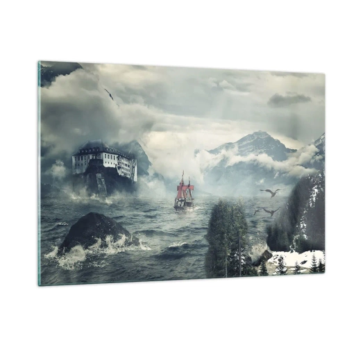 Quadro su vetro - Una nave in un mare in tempesta con un castello sullo sfondo - 120x80cm - Sulle acque magiche - Decorazione murale moderna per soggiorno e camera da letto ARTTOR