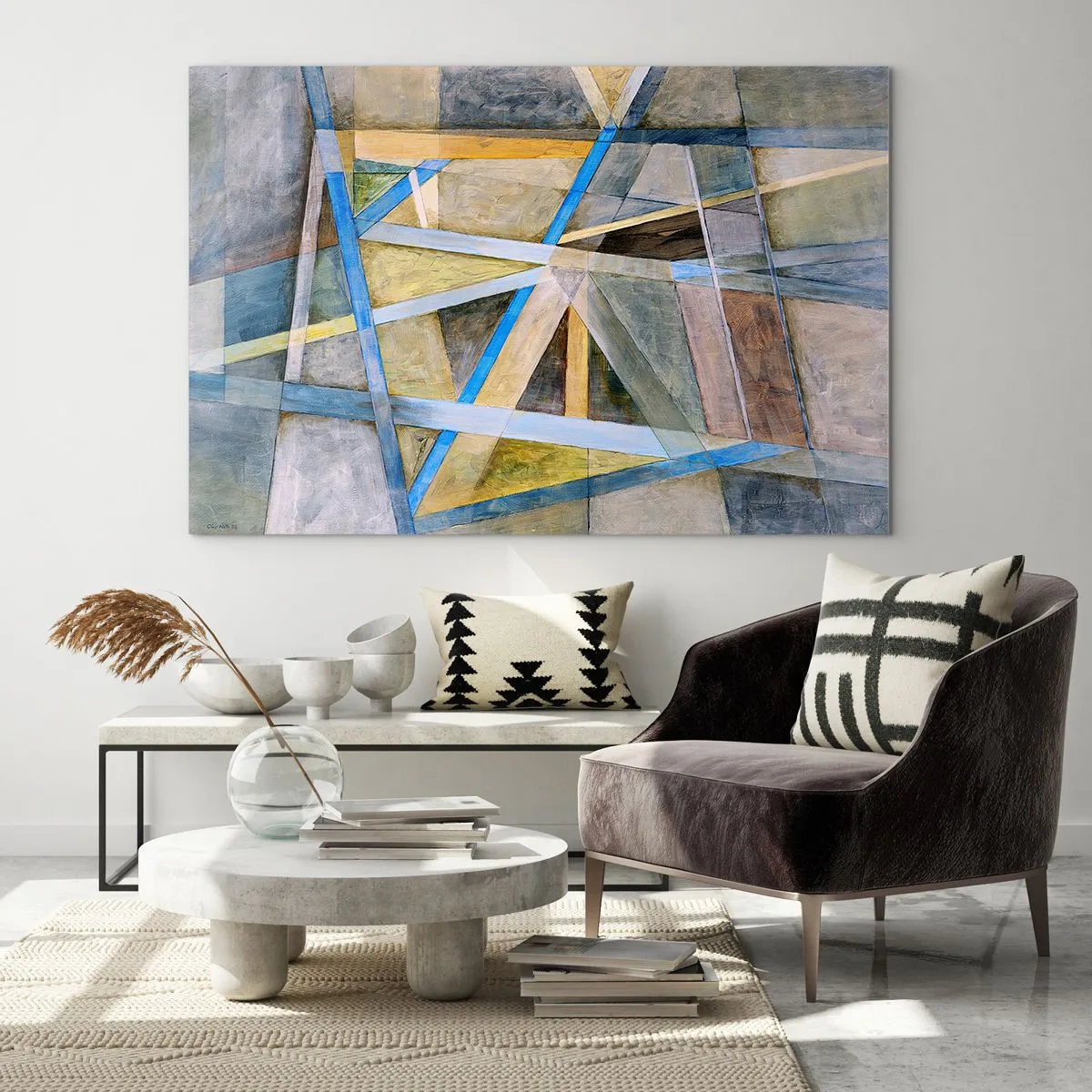 Quadro su vetro - Composizione astratta con forme geometriche - 70x50cm - Dritto o obliquo? - Decorazione murale moderna per soggiorno e camera da letto ARTTOR