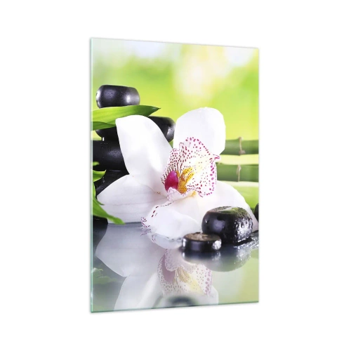 Quadro su vetro - Orchidea, pietre e bambù in un'armoniosa composizione spa - 70x100cm - Freschezza rinfrescante - Decorazione murale moderna per soggiorno e camera da letto ARTTOR