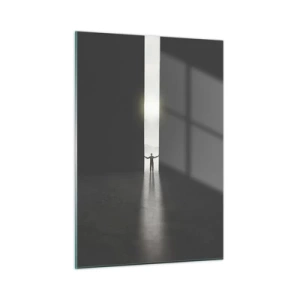 Quadro su vetro - Sagoma di un uomo che apre una porta verso una luce intensa - 50x70cm - Un passo verso un chiaro futuro - Decorazione murale moderna per soggiorno e camera da letto ARTTOR
