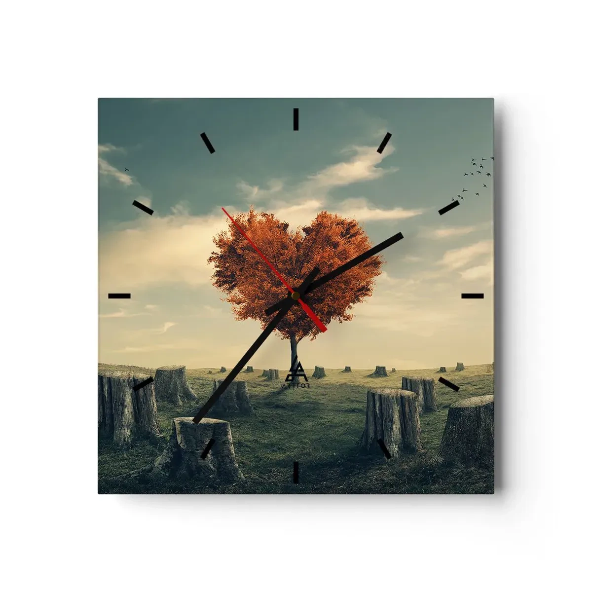 Orologio da parete - Orologio in Vetro - Un albero a forma di cuore in un campo di ceppi, simbolo di speranza - 30x30cm - C'è sempre speranza - Decorazione murale moderna per soggiorno e camera da letto ARTTOR