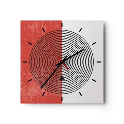 Orologio da parete - Orologio in Vetro - Motivo geometrico con cerchi concentrici su sfondo rosso e bianco - 30x30cm - Dritto al centro - Decorazione murale moderna per soggiorno e camera da letto ARTTOR