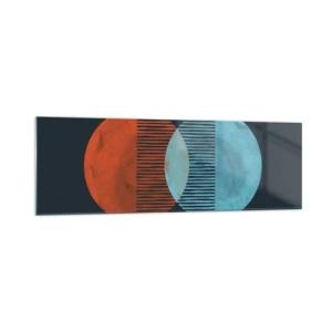 Quadro su vetro - Due cerchi arancioni e blu su uno sfondo scuro - 160x50cm - Fantasia astronomica - Decorazione murale moderna per soggiorno e camera da letto ARTTOR