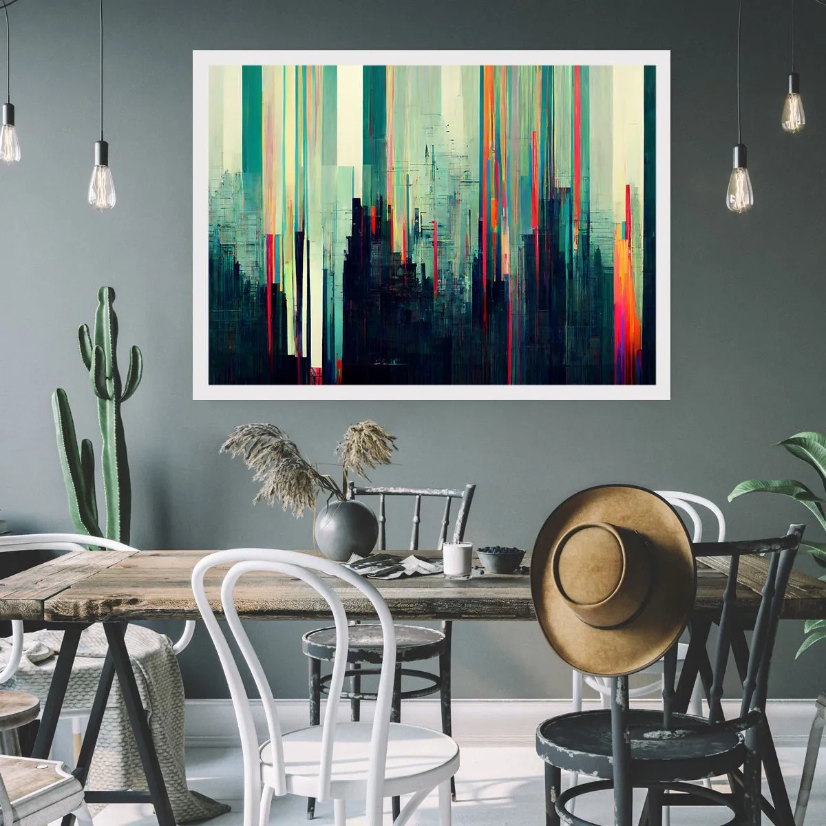 Poster - Astrazione con linee verticali e skyline della città - 100x70cm - Città futuristica - Decorazione murale moderna per soggiorno e camera da letto ARTTOR